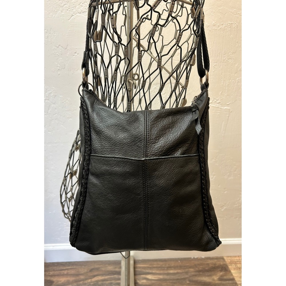 The Sak Black Leather Crossbody Bag Crochet Trim Boho Shoulder Handbag